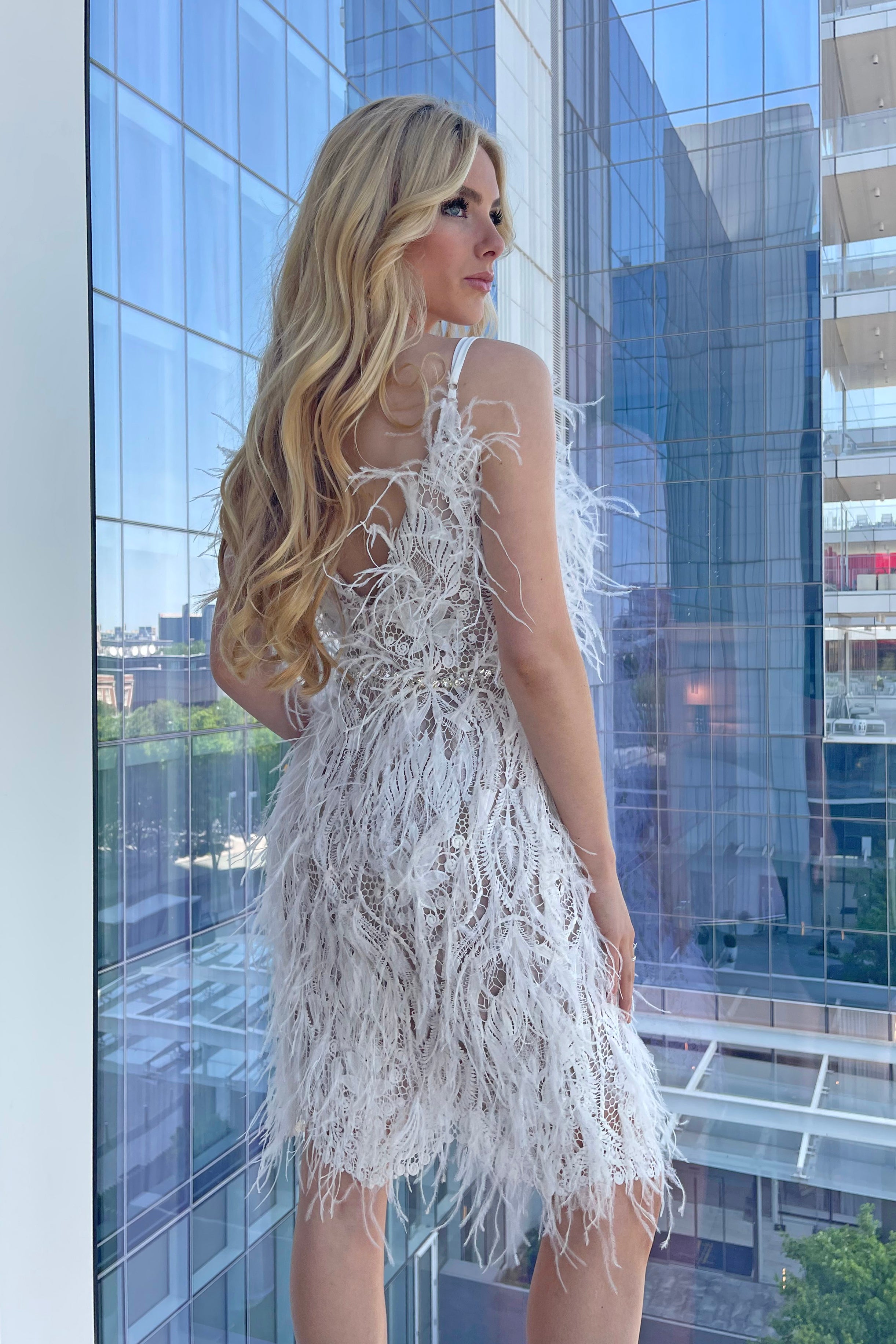 short white lace feather dress