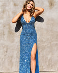 low back teal blue sequins prom dress