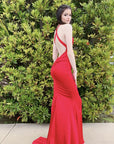 Rene the label red satin low back sexy prom dress