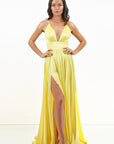 yellow satin prom dress