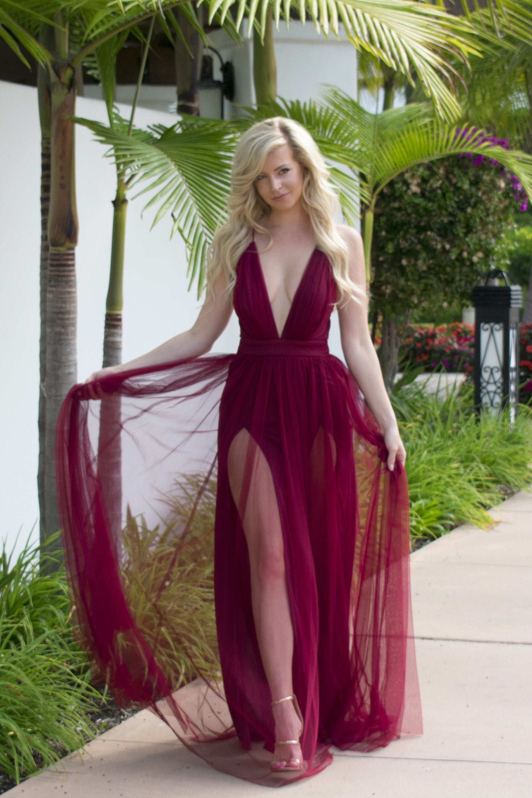 Maui gown red burgundy tulle prom dress with double slits