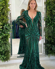 reina gown long sleeve green beaded dress