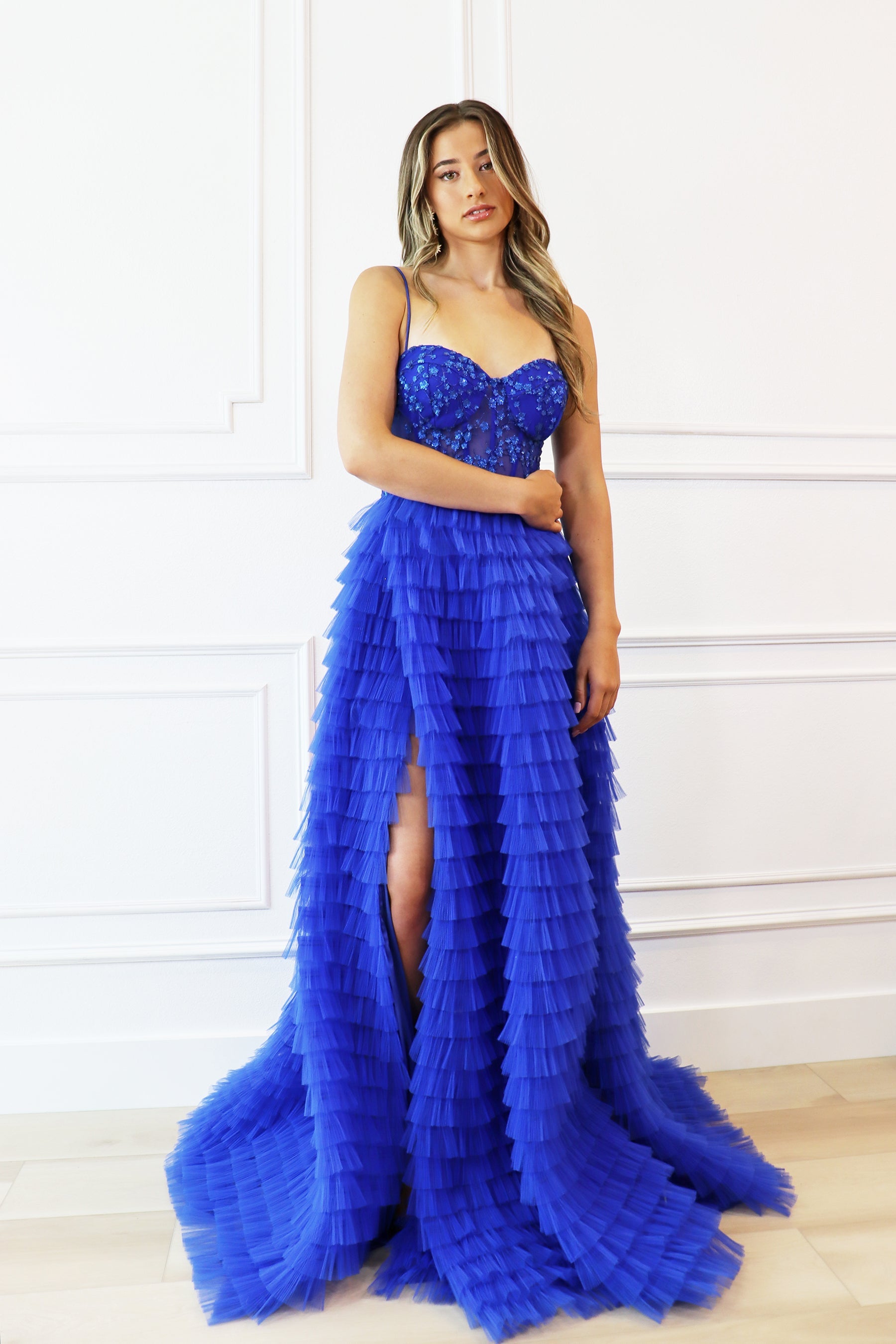 royal blue corset bustier prom dress