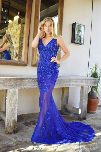 Analise Gown sheer Royal blue beaded lace dress – Mia Bella Couture