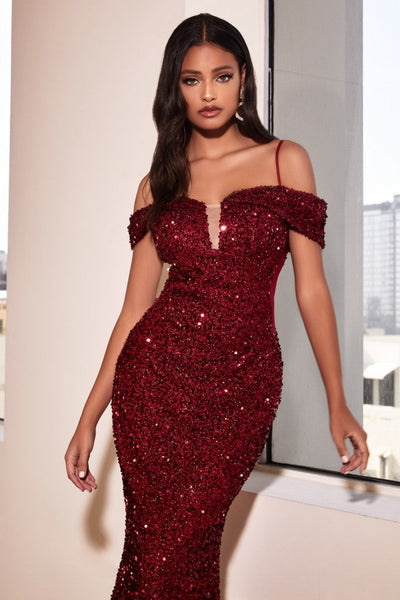The Ravini fitted mermaid sequins dress with off the shoulder sleeves ...