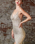 Cf199 gold sequins prom dress with open back