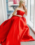 Red lace bodice micado ball gown