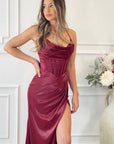 burgundy satin bustier corset dress