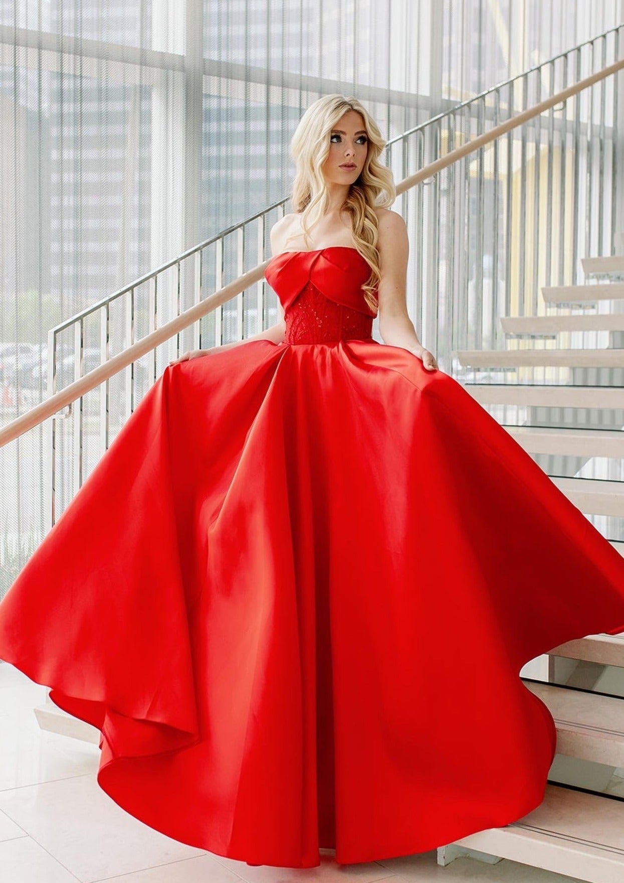 Red lace bodice micado ball gown