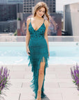 Long fringe and floral beaded dress with slit