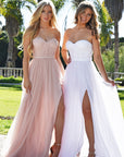 blush bustier tulle prom dress