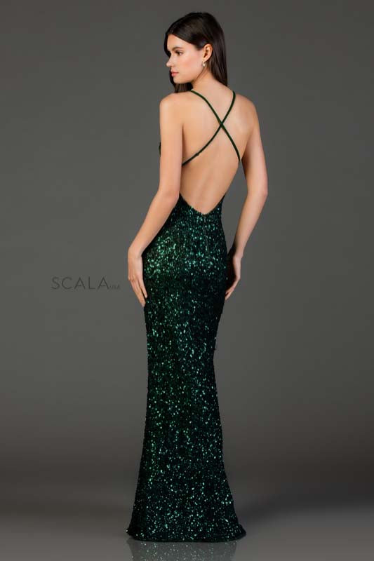 Scala 48949 long back long fitted sequin embellished dress 6 / Forest